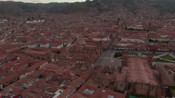 4K aerial drone panoramic view over the empty Plaza de Armas in Cusco city centre, the capital of th