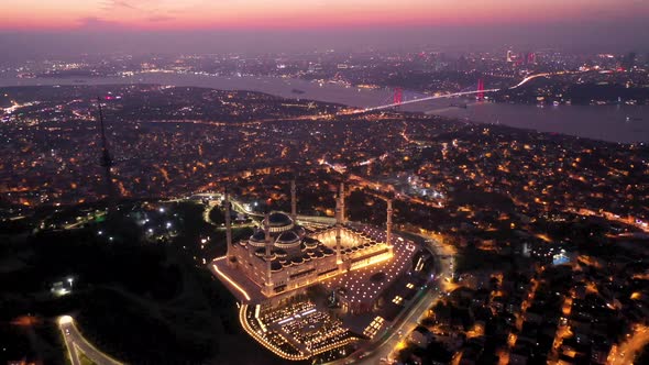 Aerial Drone View of Istanbul Camlica Mosque and Bosphorus. Biggest Mosque in Europa 08