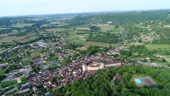 Village of Saint-Cyprien in Perigord in France seen from the sky