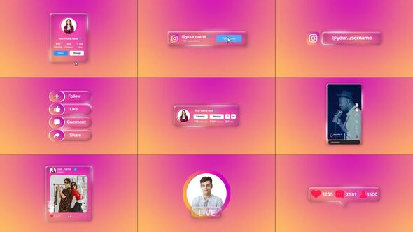 Liquid Glass Instagram Follow Elements | Social Media UI Pack | MOGRT