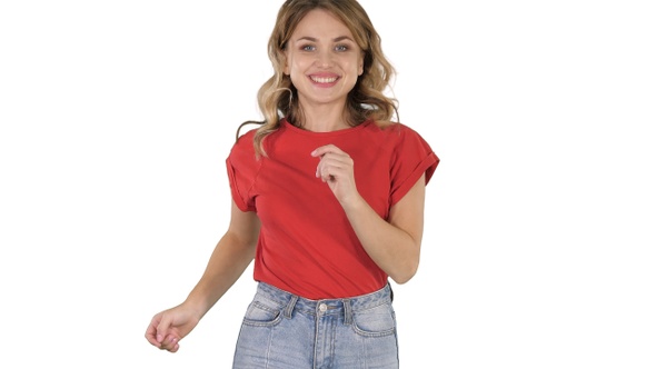 Running Girl Wearing Red T-Shirt and Jeans Smiling on White