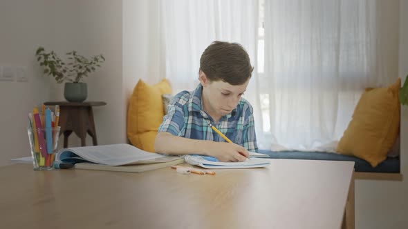 Young boy sitting at home preparing homework for school