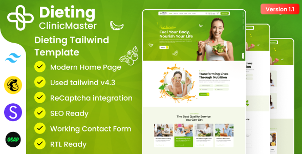 ClinicMaster - Diet & Nutrition Tailwind CSS Template