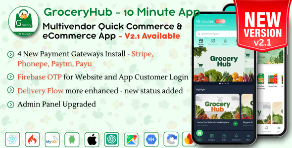 GroceryHub - 10 Minute App Multivendor Quick Commerce & eCommerce App | AI Insight | Multi Cart