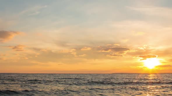 Orange Sunset With Clouds In The Sky, Sea, Timelapse