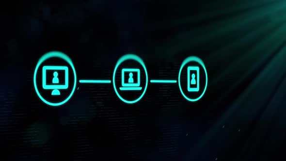 Animation of three green digital computer interface icons on glowing green background