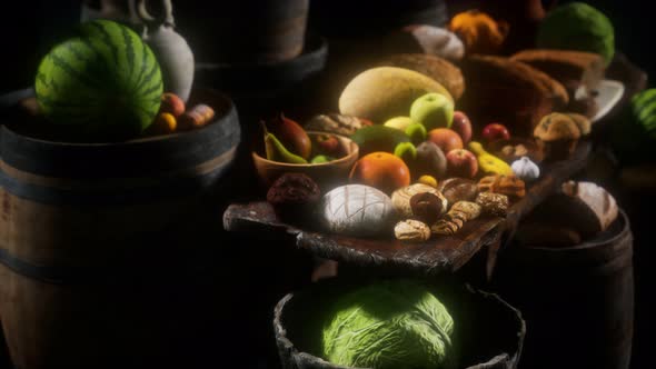 Food Table with Wine Barrels and Some Fruits Vegetables and Bread