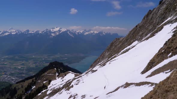 Panoramic View From the High Mountain To Snowy Peaks in Switzerland Alps. Rochers-de-Naye.