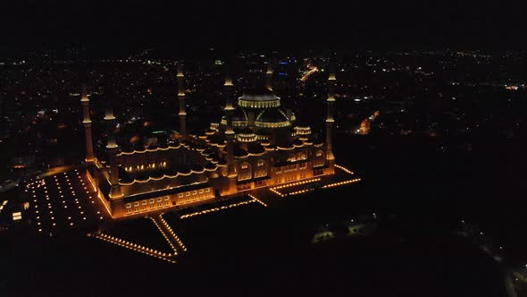 4K Night Aerial view of Camlica the biggest Mosque in Turkey Istanbul 3