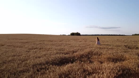 Cinematic footage of beautiful girl in the field of ripe rye