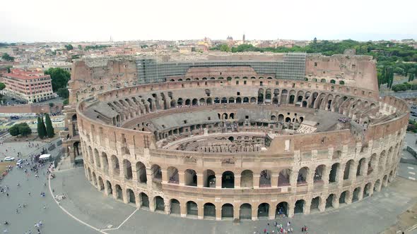 4K Aerial of the colosseum and the center of Rome, Italy.