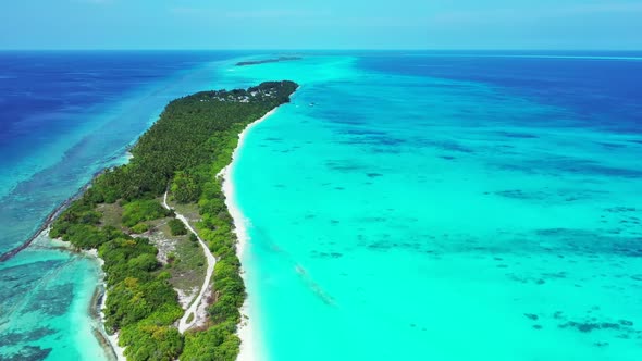 Aerial nature of idyllic resort beach journey by blue ocean with white sand background of a dayout n