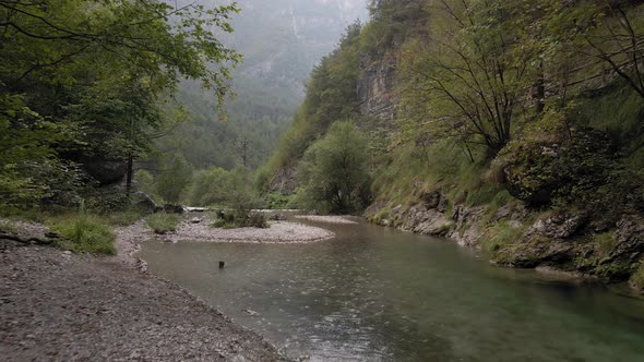 Flow of clear mountain river through intact highland landscape in lost area (Ledro, North Italy - Tr