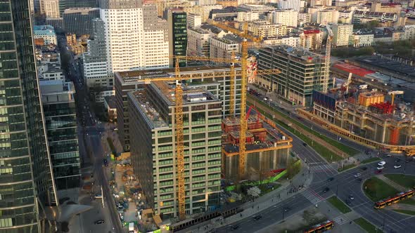 Aerial View of Construction Cranes and Building Construction in the Center of Warsaw Poland