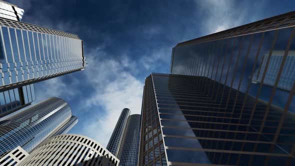 business district business center. camera traffic along high-rise buildings and overflying aircraft alt