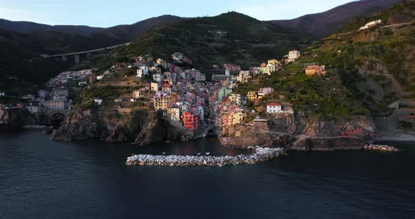 Picturesque Tourist Town of Riomaggiore, Cinque Terre, Italy - Aerial