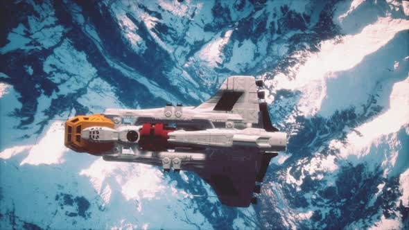 3D Illustration of a Spaceship in Orbit Around Planet Earth alt