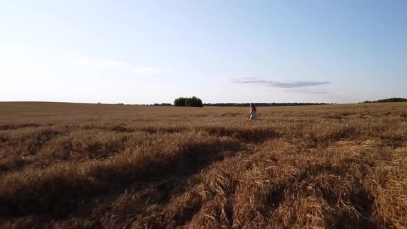 Drone footage of a young girl walking in the field of rye at sunset