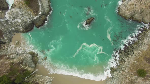 McWay Beach and McWay Falls. Big Sur, California, USA. Aerial Top-Down View