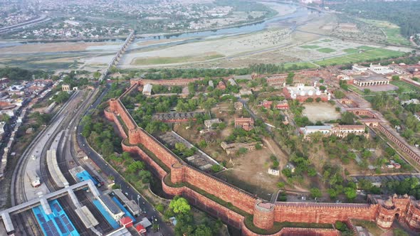 Aerial Wide View of Taj Mahal And Red Fort in Agra, India