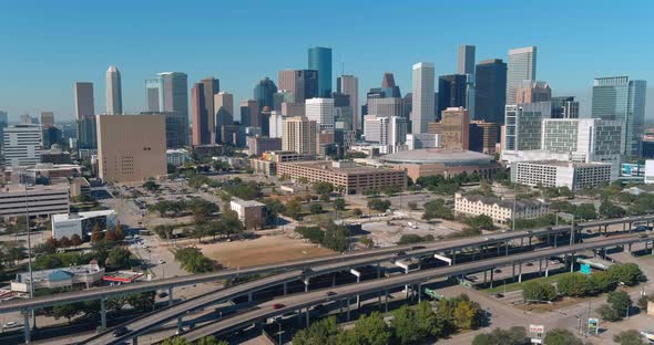 Aerial view of downtown Houston and surrounding landscape. This video was filmed in 4k for best imag