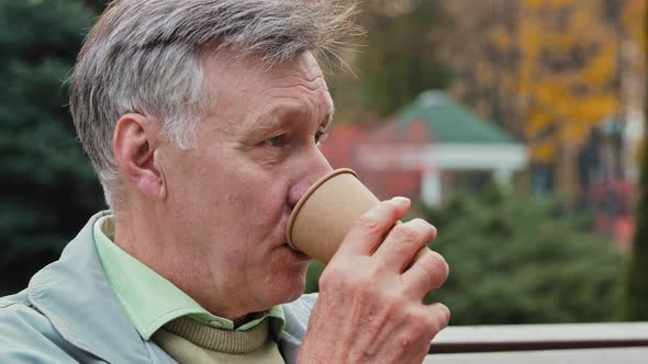 Portrait Dreaming Caucasian Senior Man Retired Grandpa Relaxing in Autumn Park Feel Calmness Harmony