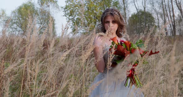 A Young Woman Dressed in a Gray Wedding Dress. She Has Flowers in Her Hand and Is in the Park