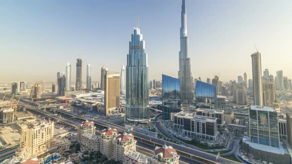 Dubai Downtown Skyline at Sunset Timelapse with Tallest Building and Sheikh Zayed Road Traffic UAE