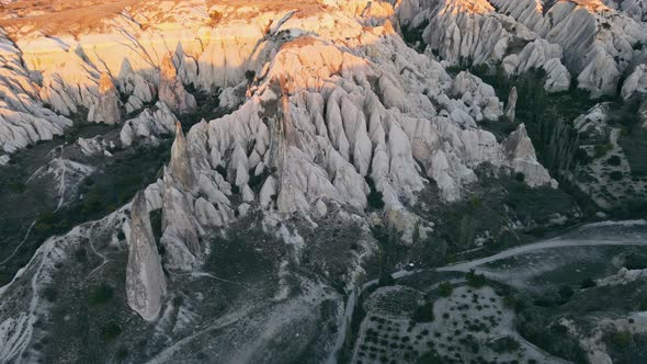 Cappadocia aerial drone view to Red and Rose valley rocks, Turkey