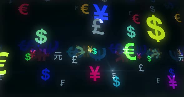 Currency dollar, euro and Yen text loop abstract concept