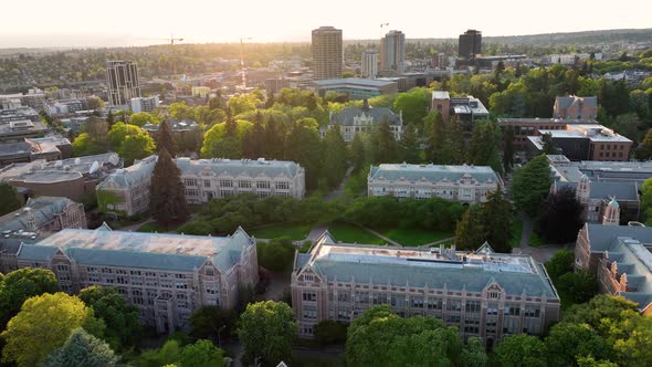 Aerial establishing shot of the University of Washington's famous Quad at sunset.