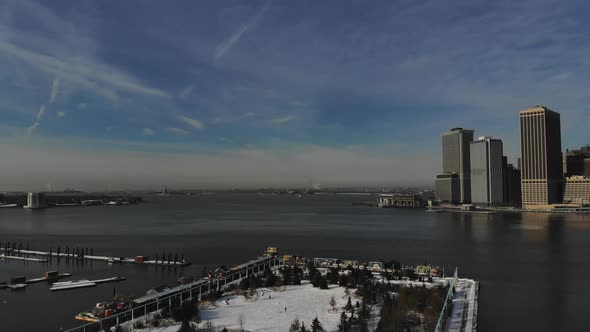 Aerial View of on Brooklyn Large and Spectacular Buildings and Seaports in Financial District Over