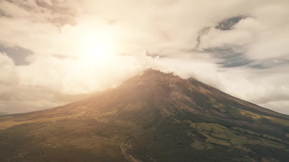 Aerial Volcano Erupt at Sun Light Closeup