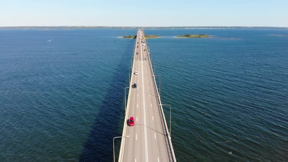 Oland Bridge in Sweden on sunny day, static drone view