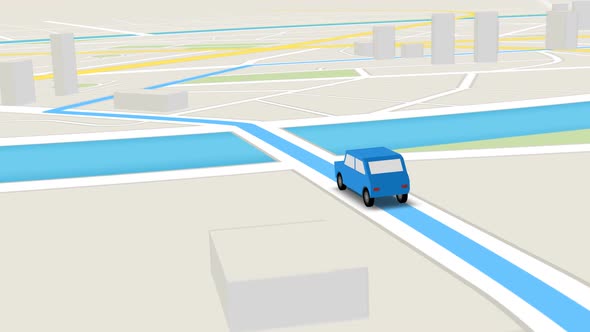 Animation of GPS navigation map. The car following a route along the city street