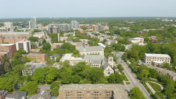 Aerial Panning Shot of Evanston, Illinois. A Wealthy Suburb of Chicago, located in Cook County. Hot