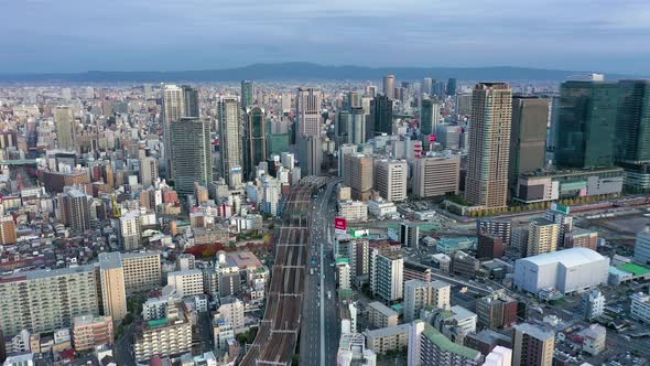 Aerial view 4k video by drone of building in Osaka city