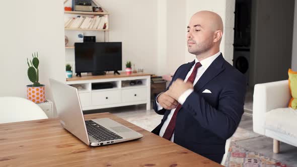 Business man preparing for online meeting with leptop at home. man preparing for job interview.	