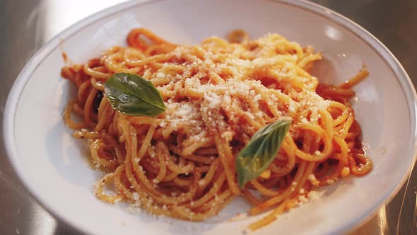 Chef Cooking Bolognese Fresh Pasta with Tomato Sause Man Making Traditional Italian Dinner on