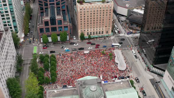 Fast Drone Reveal of a Cancel Canada Day Protest in Vancouver BC. Native people and allies gather to