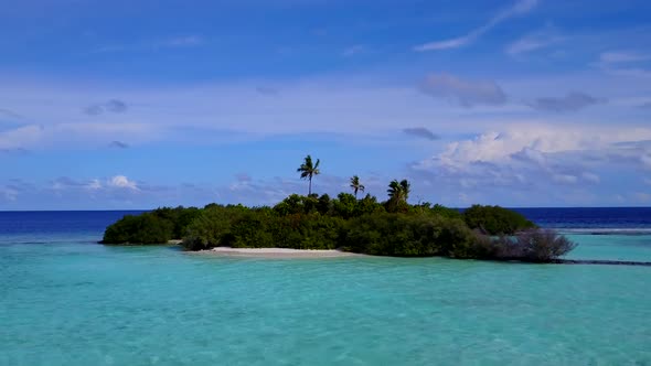 Aerial drone nature of resort beach voyage by blue ocean with sand background