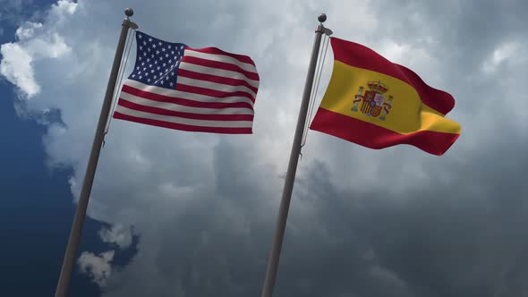 Waving Flags Of The United States And The  Spain 4K