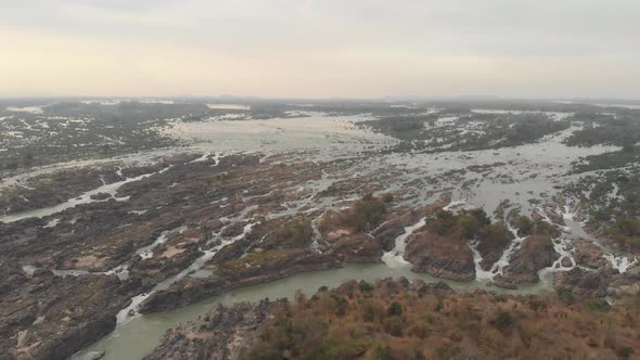 Aerial: flying over Don Det and the 4000 islands Mekong River in Laos