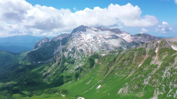 Aerial View From Oshten Peak of Stunning Majestic Nature of Caucasus to Mountain Fisht Covered with