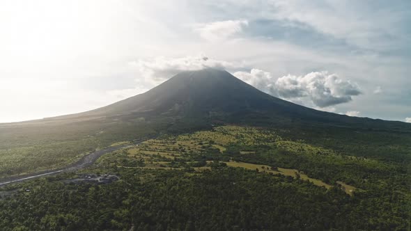 Aerial Panorama of Volcano Erupt at Sunrise