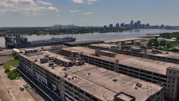 Aerial reveal of an abandoned US Marine Corp Support Facility in New Orleans, Louisiana