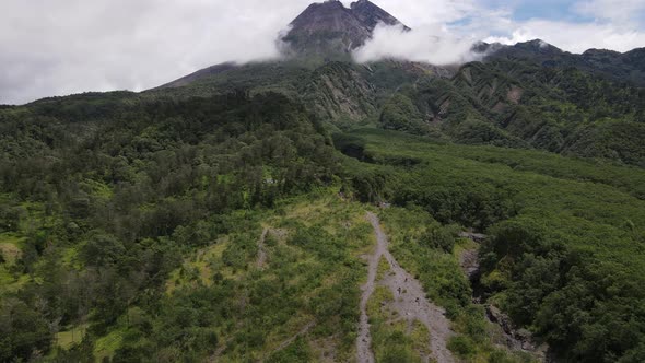 Aerial view of active Merapi mountain with clear sky in Indonesia