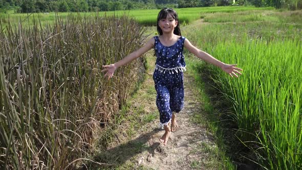 Little Girl Happy And Running In Rice Field