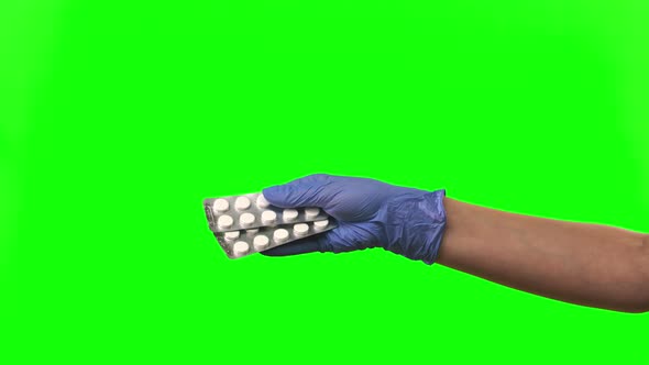 Female Hands in Protective Blue Gloves Closeup at Green Screen