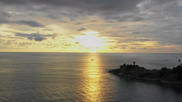 Aerial View Scenery Yellow Sunset Above Promthep Cape Viewpoint Phuket Thailand.